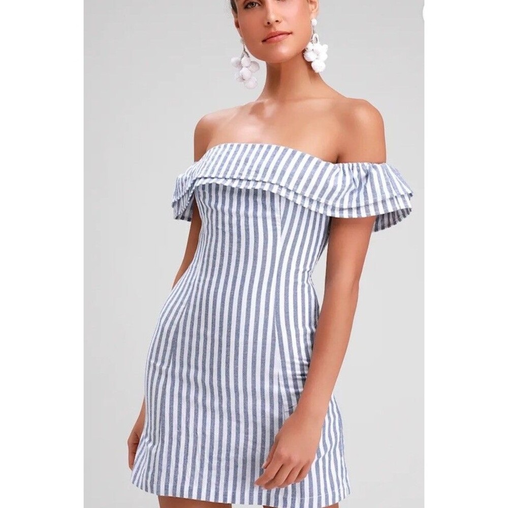 Lulus Seaside Skipper Blue White Striped Off The Shoulder Mini Dress Small New